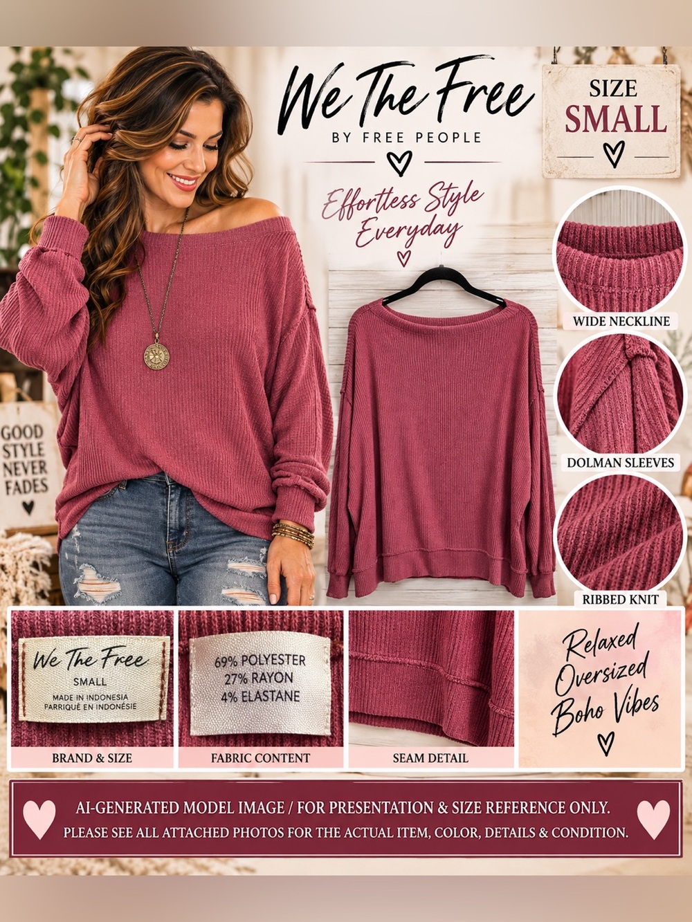 We The Free Ribbed Oversized Raspberry Knit Top by Free People